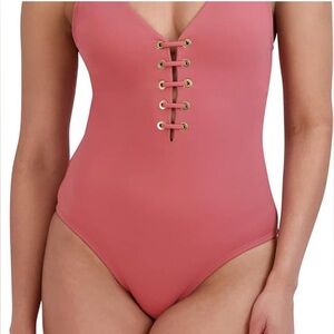BCBGMAXAZRIA Lace Up Grommet One Piece Swimsuit